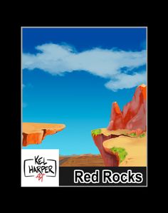 the red rocks logo is shown in front of a blue sky with clouds and mountains