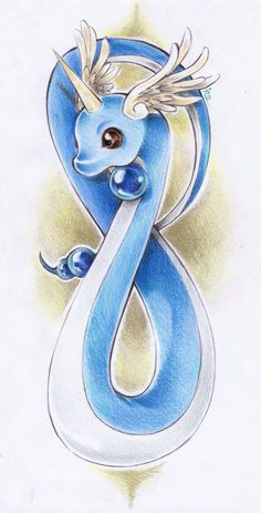 a drawing of a blue and white dragon