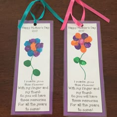 two bookmarks with flowers on them and ribbons hanging from the ends, each one has a message for mother's day