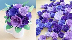 purple flowers are in a white vase and on the left is a bouquet of purple roses