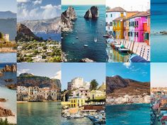 many different pictures of boats and buildings in the water, including cliffs, mountains, and sea