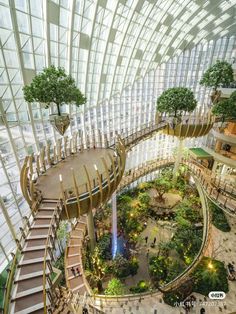 the inside of a building with many stairs and trees on each side of the walkway