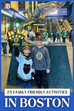 two young boys standing next to each other in front of an escalator with the words 25 family friendly activities in boston