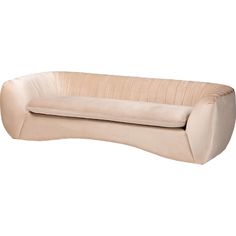 the curved sofa is beige and has a long, rounded backrest with pleated uphol