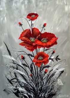 a painting of red flowers in a vase on a gray background with black and white accents