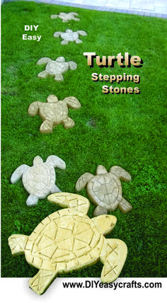 turtle stepping stones are laid out on the grass