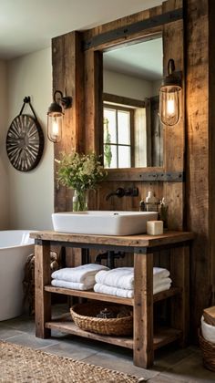 a bathroom with a sink, mirror and bathtub next to a window in the wall