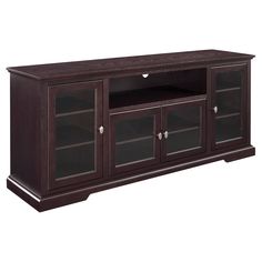 an entertainment center with glass doors on the front and bottom shelves, in dark wood