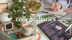 there is a desk with books, plants and papers on it that say college diarys