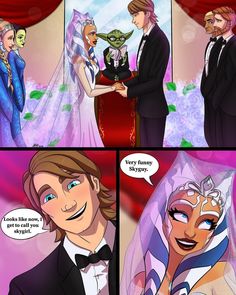 a comic strip with an image of a man and woman in wedding attire talking to each other