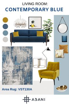 a living room with blue, yellow and white furniture in it's color scheme