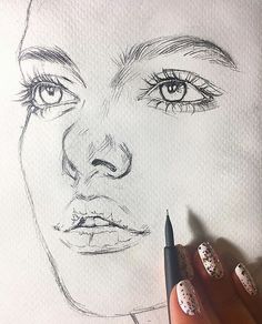 a drawing of a woman's face is shown with a pencil in her hand