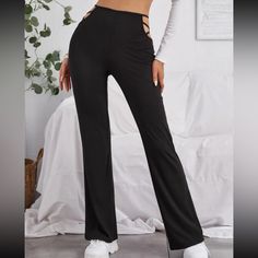 Shein / Nwot / Cutout Wide Leg Pants / Black Ribbed / Cutout Cross Designs Above Both Hips / Super Flattering / Tried On But Never Worn / #Shein #Pants #Cutout Message Me Open To Negotiations Discounts On Bundles Cutout Pants, Wide Leg Pants Black, Shein Pants, Fashion Nova Jeans, Cross Designs, Black Rib, Pants Color, Pants Black, Leg Pants