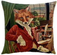 a painting of a fox wearing a red coat and sitting in a chair next to a window