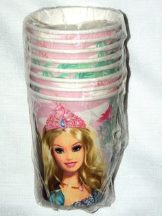 a plastic cup with a barbie doll on it