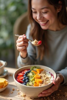 a woman eating a bowl of fruit with a spoon