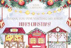 a watercolor christmas card with buildings and garlands