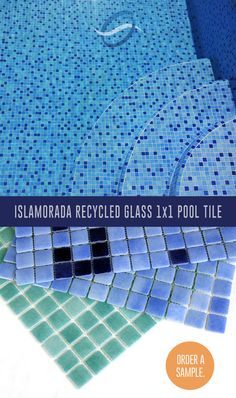 a blue and green tiled swimming pool with the words, islamora recycled glass 1x1 pool tile