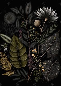 an illustration of flowers and leaves on a black background