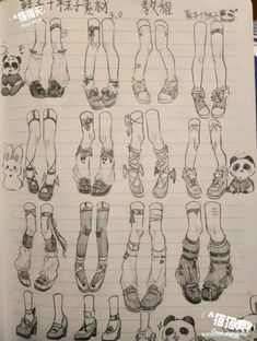 an open notebook with drawings of different pairs of shoes and pandas on the pages