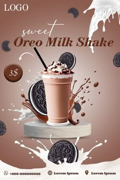 a chocolate milkshake with oreo cookies on top and milk splashing around it