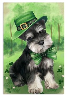 a painting of a dog wearing a green hat and bow tie with clovers around its neck