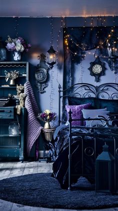 a bedroom with blue walls and purple decor