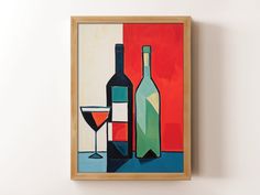 a painting on the wall with a wine glass and bottle