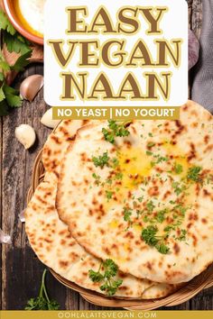 stack of easy vegan naan on a wooden table Resep Vegan, Vegan Naan, Naan Bread Recipe, Pasta Per Pizza, Pembuat Roti, Naan Bread, Monkey Bread, Tikka Masala, Samosa