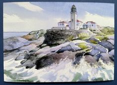 a watercolor painting of a lighthouse on top of a rocky cliff by the ocean