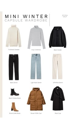 A ten piece mini capsule wardrobe with ten minimal outfit ideas. For outfit details, see the blog post below.   https://stitchandsalt.com/mini-winter-capsule-wardrobe/ Country Club Capsule Wardrobe, Lightweight Winter Outfits, Winter Capsule Wardrobe Travel, Winter Travel Wardrobe, Jeans Marron, Contrast Outfit, Sweat Noir, Jean Jean