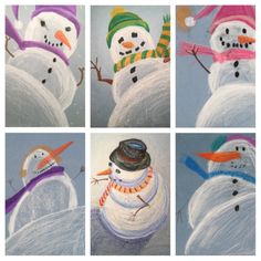 four pictures of snowmen with hats and scarves