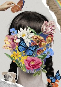 a woman with flowers and butterflies on her face