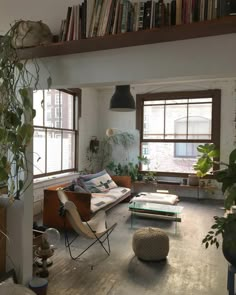 a living room filled with lots of furniture and plants on top of it's shelves