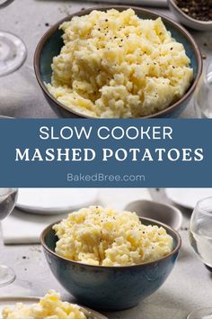 two bowls filled with mashed potatoes and the words slow cooker mashed potatoes