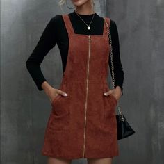 Corduroy O-Ring Zipper Mini Overall Dress- New With Tags. Color: Rust Brown. Loose Short Dress, Ring Der O, Corduroy Dress, Bare Shoulders, Loose Shorts, Overall Dress, Casual Style Outfits, Pocket Dress, Fashion Colours