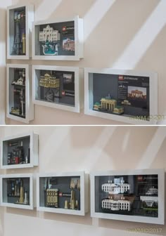 two pictures of shelves with legos in them and the same one on the wall