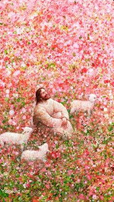 a painting of a man sitting in a field of flowers