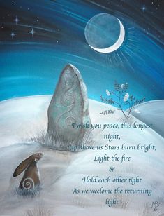 a painting of a rock and a rabbit in the snow with a full moon behind it