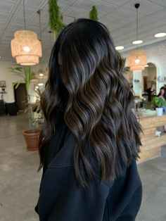 High Contrast Balayage Black Hair, Black Vs Dark Brown Hair, Black With Dimension Hair, Brunette Hair Dimension Highlights, Dark Biolage Hair Brunettes, Blonde Hair Toned Darker, Mocha Dipped Hair, Long Dark Brown Hair With Lowlights, Brown To Black Hair