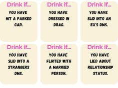 four coasters with different types of drinks and phrases in pink, black and white