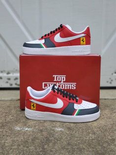 Black Red Ferrari Custom Air Force 1-shecustomize F1 Redbull, Shoe Embroidery, Shoe Artwork, Red Ferrari, Custom Af1, Custom Shoes Diy, Air Force 1 Custom, Custom Air Force 1, Fresh Kicks