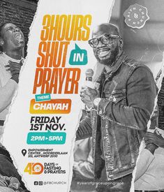 an advertisement for the church's shut - in prayer event, featuring two men with microphones