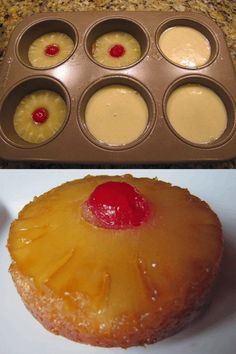 a pineapple and cupcake in a muffin tin