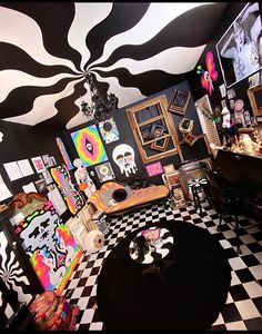 a room with black and white checkered flooring, walls painted in different colors