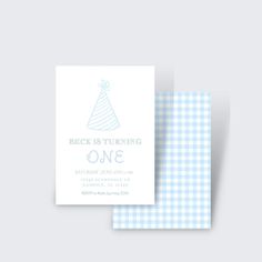 a blue and white gingham birthday card with a party hat on the front