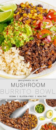 the cover of mushroom burrito bowl is shown with different toppings and ingredients on it