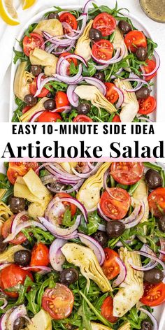 an artichoke salad with olives, tomatoes and onions in it on a white platter