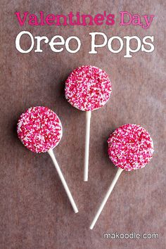 valentine's day oreo pops with pink sprinkles on brown background