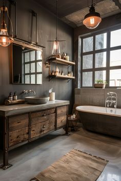 a bathroom with a tub, sink and large window in it's center area